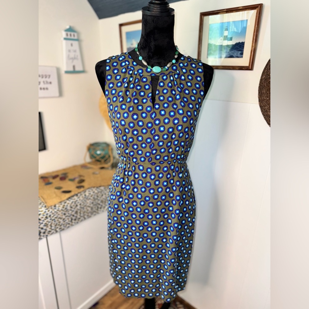 J.Crew Tuscan Keyhole Sheath Dress Green Blue Geometric Lined  Sz 2 Like New